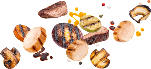 Grilled beef slices and vegetables isolated