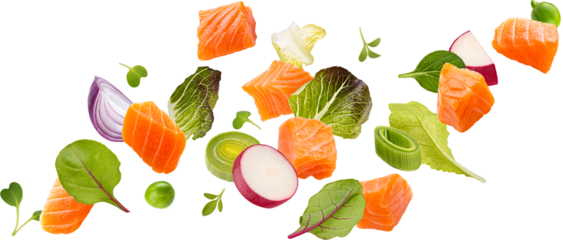 Falling salmon salad ingredients isolated
