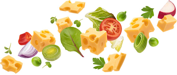 Falling cheese cubes with salad leaves and vegetable slices isolated - obrazy, fototapety, plakaty