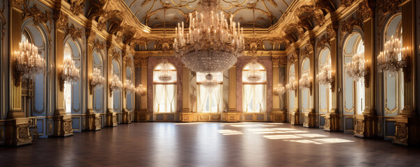 An Extravagant European Ballroom, Palace Styled Room With Large Windows and Natural Lighting, a Chandelier Hanging From the Ceiling, Gold Decorations, Baroque Style Architecture, generative AI - obrazy, fototapety, plakaty
