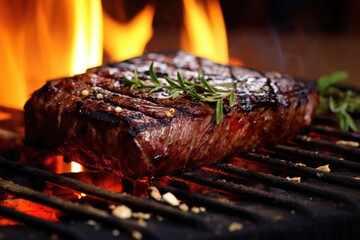beef steak grilled on fire with a branch of rasmarin
