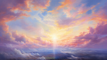 Naklejka premium Heavenly Sky, Sunset Above the Clouds Painting, Representing Hope, Divinity, and The Heavens, Generative AI