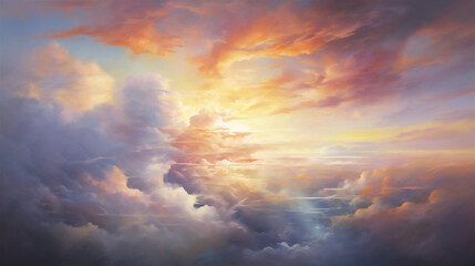 Fototapeta premium Heavenly Sky, Sunset Above the Clouds Painting, Representing Hope, Divinity, and The Heavens, Generative AI