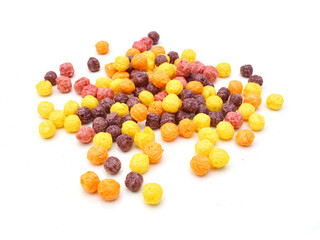Delicious and nutritious fruit cereal loops flavorful, healthy and funny addition to kids breakfast on white 