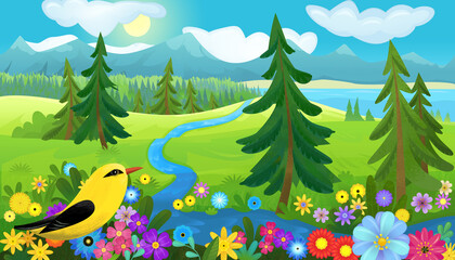 cartoon happy fairy tale scene with nature forest and funny bird on meadow illustration for children