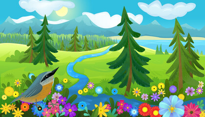 Fototapeta na wymiar cartoon happy fairy tale scene with nature forest and funny bird on meadow illustration for children