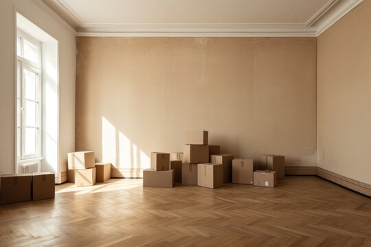lot of cardboard boxes in an empty new apartment