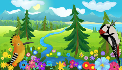 cartoon happy fairy tale scene with nature forest and funny bird on meadow illustration for children