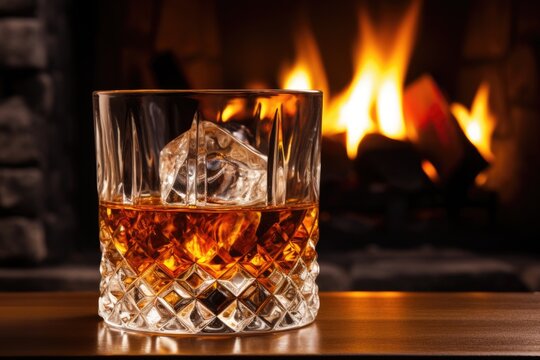 whiskey with ice on the background of the fireplace. Cozy relaxed atmosphere by the fire