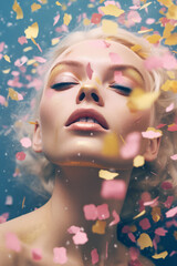 Pretty young woman having fun,confetti falling on her face, Party, surprise, birthday concept. AI generative, illustration