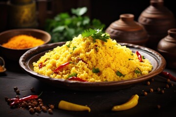 couscous with vegetables and herbs on a dark rustic wooden background - obrazy, fototapety, plakaty