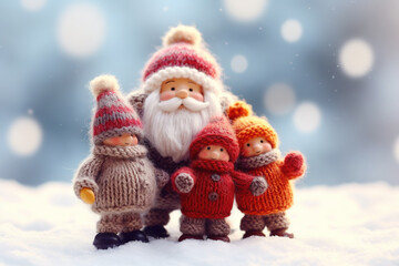 Abstract Christmas background with Santa Claus and children woven from knitting threads. Template for greeting card with copy space for text. Generative AI.
