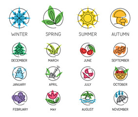 Season and month of year set. Outline colorful icons with winter and autumn, summer and spring. Sunny weather and snowfall, fall and rainy. Cartoon flat vector collection isolated on white background