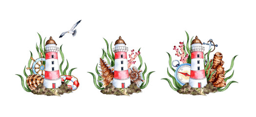 Watercolor illustration set of sea lighthouses with seashells, algae and corals. Composition for posters, postcards, banners, flyers, covers, posters and other printing products. Isolated on white 