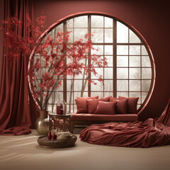 Oriental bedroom design bamboo bed silk curtains
