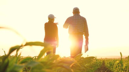 two farmers work tablet sun, farming, teamwork group people, contract handshake agreement sunset...