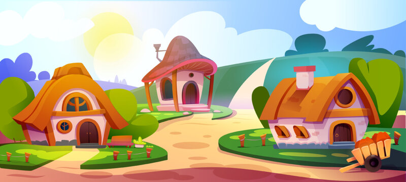 Gnome village with houses. Fairytale landscape with cute dwarf stone buildings with wooden roof, hills and grass. Horizontal fantasy scenery with fairies home. Cartoon flat vector illustration