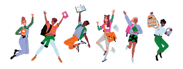 Happy jumping students set. Happy teenagers with backpacks and books. Young characters wave hands and back to school. Greeting new educational year. Cartoon flat vector isolated on white background