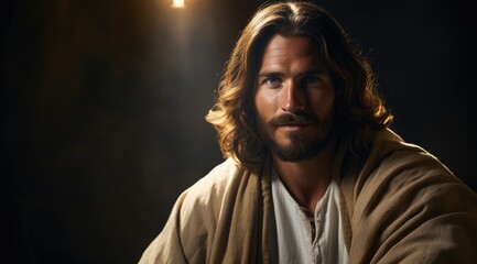 Jesus holding a Bible sitting looking at the camera 