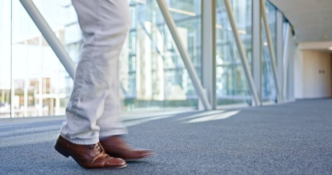 Dance, success and shoes of business man in office for celebration, winner and achievement. Excited, bonus and promotion with closeup of feet of male employee dancing for music, profit and freedom