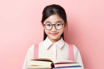 cute asian girl with glasses holding books, ready to go back to school on pastel background. to study, to learn. AI generated illustration