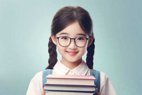 cute asian girl with glasses holding books, ready to go back to school on pastel background. to study, to learn. AI generated illustration