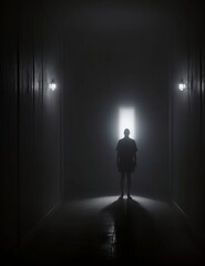 A person in a dark room, illuminated only by the light of their own fear and anxiety.
