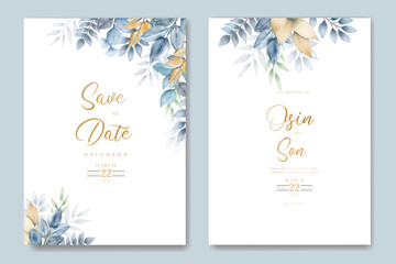 wedding invitation card with blue leaves watercolor
