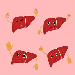 Medical kids cute liver cartoons with different smiles in vector