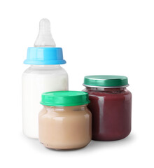 Healthy baby food and bottle with milk on light grey background