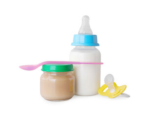 Healthy baby food, bottle with milk and pacifier on light grey background