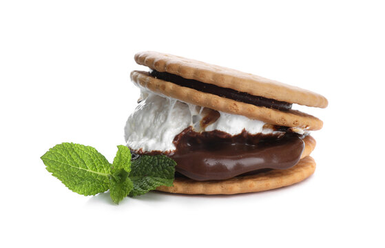 Delicious marshmallow sandwich with crackers, mint and chocolate isolated on white
