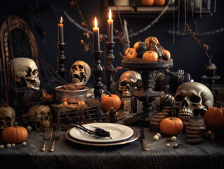 Fototapeta na wymiar Halloween creepy table decorations. Holiday arrangement with pumpkins and skulls