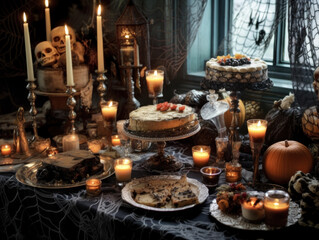 Halloween creepy table decorations. Holiday arrangement with pumpkins and skulls