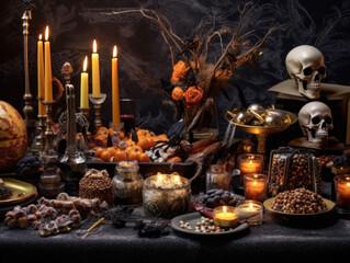 Fototapeta na wymiar Halloween creepy table decorations. Holiday arrangement with pumpkins and skulls