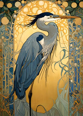 Decorative art nouveau illustration of a robin in profile in an ornate floral nature background