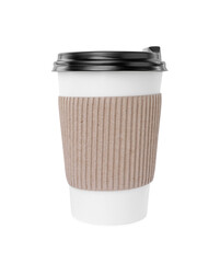 Paper cup with plastic lid isolated on white. Coffee to go
