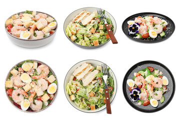 Set of Caesar salad in dishes isolated on white, top and side views