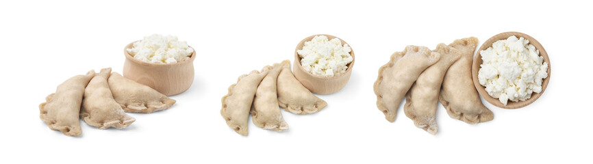 Collage of raw dumplings (varenyky) with cottage cheese isolated on white, top and side views