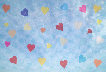 grungy background blue,with red orange and yellow hearts