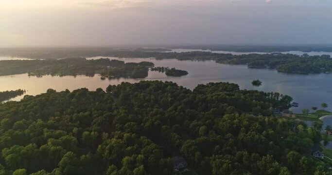 Wide drone shot of sunset of Lake Anna, Virginia