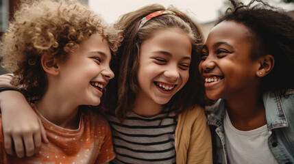 Joyful Trio of Young Girls Sharing Laughter – Generative AI