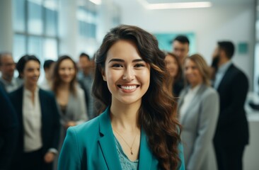 Business Woman smiling near a group of people in an office