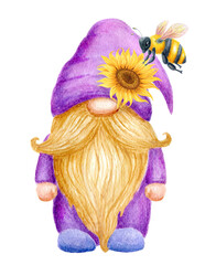 Cute summer Gnome and bee with sunflower. Holiday card design. Watercolor drawing.