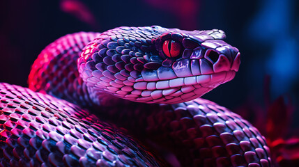 Obraz premium Close up of a snake head under neon lights purple pink blue - Generative AI
