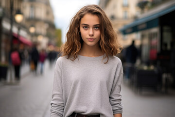 Fototapeta premium French teenage girl, wearing modern outfit, standing in Paris, France