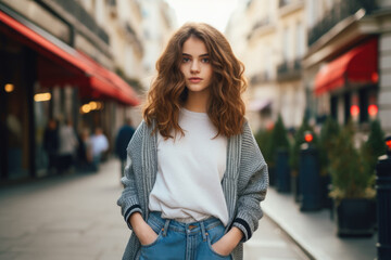 Fototapeta na wymiar French teenage girl, wearing modern outfit, standing in Paris, France