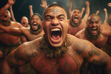 Powerful Performance Captures the Bond of New Zealand's Heritage: Maori Dancers Shout with Pride, Celebrating Ancestral Connections - Ai Generative - obrazy, fototapety, plakaty