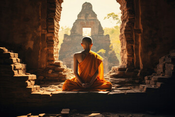 Spiritual Journey. Contemplative Buddhist Monk in Myanmar Embracing Tranquility. AI Generative - obrazy, fototapety, plakaty