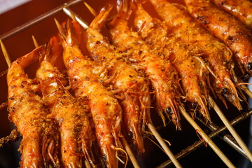 Chinese traditional food charcoal grilled prawns